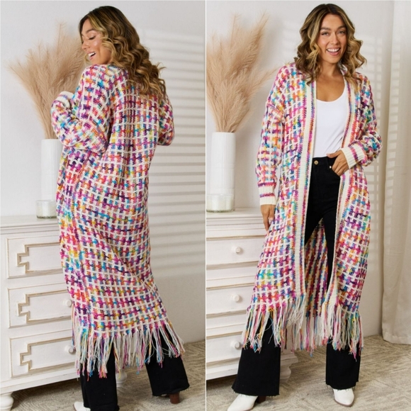 Kaleidoscope Fringe Long Cardigan - Red White Multi - Picture 1 of 6